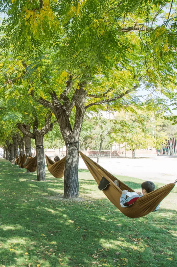 Alumnes estirats en hamaques
