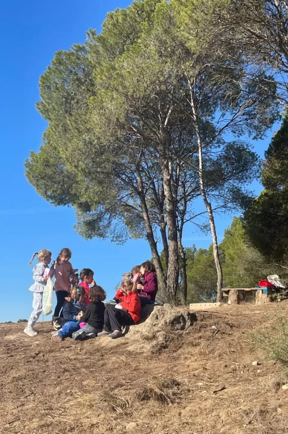 Alumnes de 1r de primària en una sessió de bosc del projecte Claver Ntura al bosc de l'escola