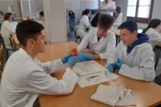 Alumnes de 4t ESO-TQE de la matèria Bojos per la Ciència fent una pràctica sobre el cor amb l'exalumne i estudiant de 4t de medicina Dídac Bellet