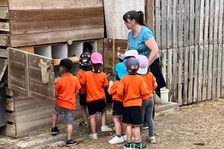 Alumnes de P3 recollint ous que havien post les gallines en la seva experiència agrícola educativa a la Granja Pifarré de l'Horta de Lleida