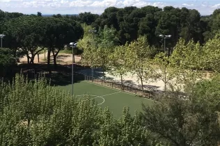 Pista de futbol gespa al pati de Jesuïtes Lleida Col·legi Claver, enmig de la natura