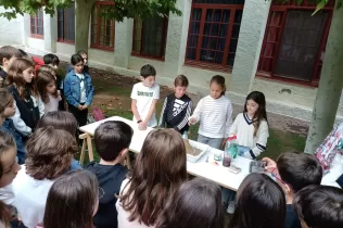 Grup d'alumnes de 5è de primària NEI escoltant la presentació en anglès dels seus companys i companyes sobre desastres naturals.