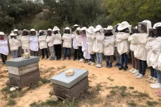 Alumnes de 2n de la PIN de Jesuïtes Lleida fent el taller d'apicultura a Cal Gort a la Pobla de Cèrvoles