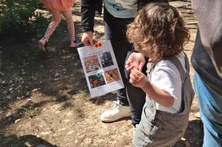 Famílies participant del Taller Natura al bosc del Claver amb els seus fills i filles de fins 3 anys