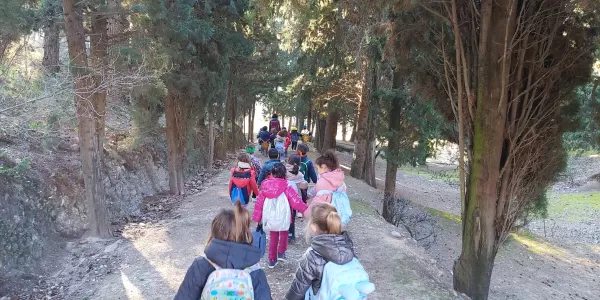 Alumnes d'infantil anant al bosc de l'escola per viure un matí d'escola bosc